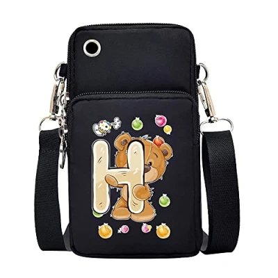 Image of FINDING CASE initial letter Printed Women Girls men Zipper Waterproof Nylon 3 Layers Crossbody Bags Wallet Cellphone Purse Shoulder Bag Wristlet Handbags Adjustable Strap (Bear H)
