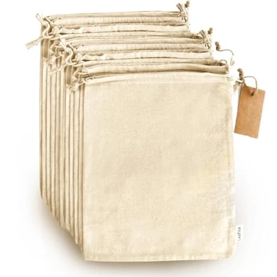 Image of Leafico Organic Cotton Produce Bags Medium 20x25 cm 12 Pcs Reusable Muslin Storage with Drawstrings Canvas Biodegradable Fabric Snack Cloth