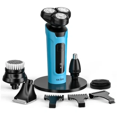 Image of Sejoy Shavers for Men Rechargeable Beard Trimmer, 5 in 1 Electric 2024, Rotary Razors Cordless Rechargeable, Mens Shaving IPX7 Waterproof Blue