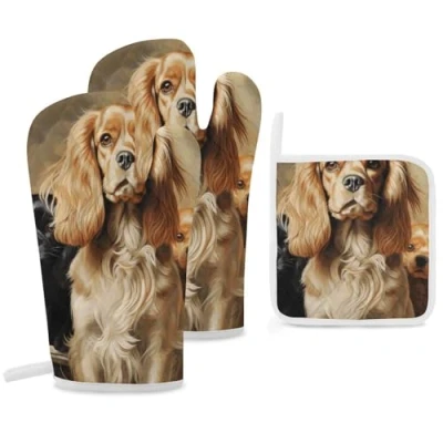 Image of Oven Mitts and Pot Holders 3 Pcs Heat Resistant Glove Cocker Spaniel Mitt Kitchen Hot Pads for Microwave Gloves Cooking BBQ