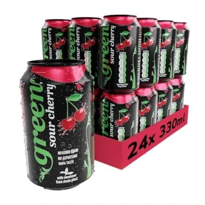 Image of Green Sour Cherry Cans 24 Pack, No Aspartame, Added Sugar Soft Drink, Low Calorie, Sparkling Natural Flavour Bulk Pack Of X 330 Ml