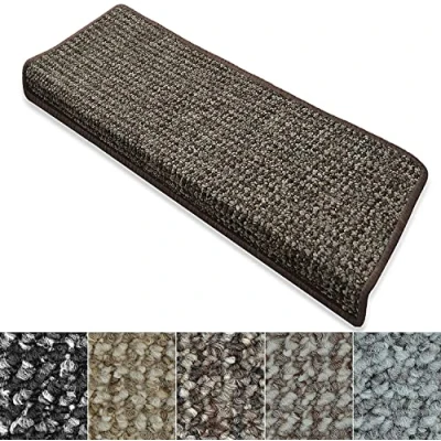 Image of FLODI. Carpet Stair Mats, Carlton, Set of 15 Pieces, Self Adhesive Anti Slip Tread Staircase Step Mats Runner Pads (Brown, Rectangular 23 x 65 cm)