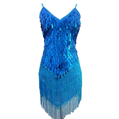 Image of Grouptap Womens flapper gatsby sequin tassel ballroom dance sling skirt cyan blue latin salsa tango samba cha rumba dress size 6/8/10/12 (Cyan, UK 6 12)