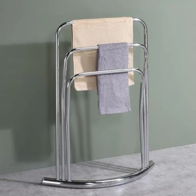 Image of Stainless Steel 3 Tier Free Standing Bath Towel Rail Curved Stand, Space Saving Drying Rack, Bathroom Storage Organizer Holder, Rack Stand (Chrome)