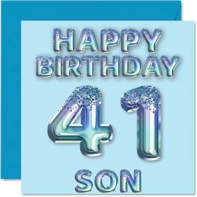 Image of 41st Birthday Card for Son Blue Glitter Party Balloons Happy Cards 41 Year Old from Mum Dad Parents, 145mm x Bday Greeting Gift