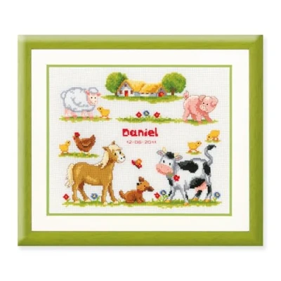 Image of Vervaco Birth Record Farm Animals Counted Cross Stitch Kit, Multi Colour