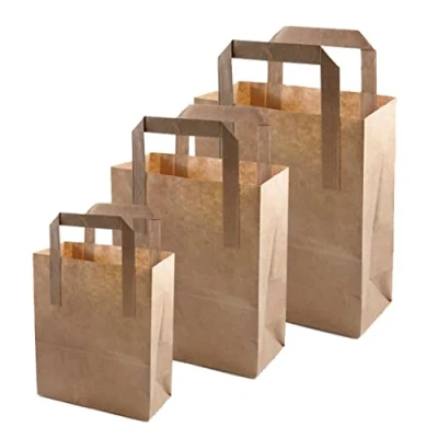 Image of Venuscello® 100 x Brown Kraft Paper Bags With Handles for Takeaway Food &amp; Vegetables 25 30 14 cm