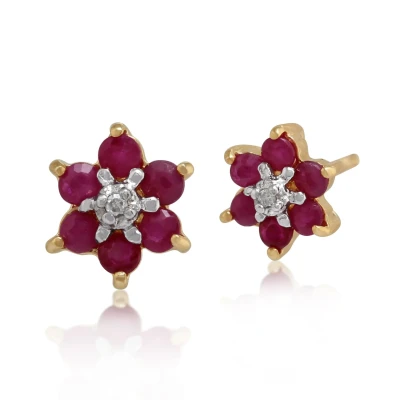 Image of Floral Round Ruby &amp; Diamond Cluster Stud Earrings in 9ct Yellow Gold