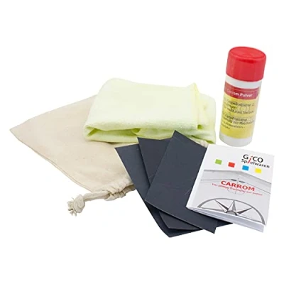 Image of GICO Carrom Accessory Set Care (Microfibre Cloth, Lubricating Powder, Instructions, Sandpaper) 2115