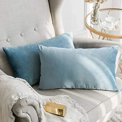 Image of MIULEE Velvet Soft Soild Microfiber Decorative Square Pillow Case Throw Cushion Cover for Sofa Bedroom with Invisible Zipper Light Blue 12&quot;x20&quot;,2 Pieces