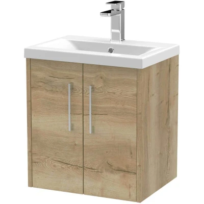 Image of Hudson Reed JNU1821A Juno Modern Bathroom Wall Hung 2 Door Vanity with Mid Edge Ceramic Basin, 500mm, Woodgrain Autumn Oak