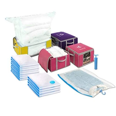 Image of VOUNOT 4 pack Storage Bags with Zips and Handles for Duvets, Clothes, Bedding, 17 Vacuum wiht Pump, Multiple Size