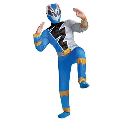Image of DISGUISE Official Blue Power Rangers Costume Kids, Muscle Fancy Dress Up Outfit for Children World Book Day Costumes Boys Medium