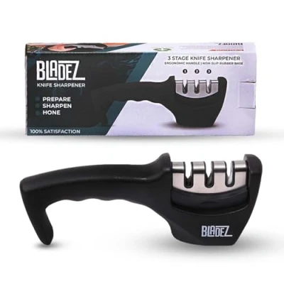 Image of Bladez Smart Sharp Knife Sharpener Professional 3 Stage Manual for Sharpening Kitchen Knives Ceramic Stone, Tungsten Carbide Plates, Diamond rods. Ergonomic Design