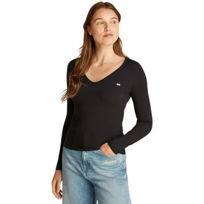 Image of Tommy Jeans TJW SLIM Essential RIB V LS Long sleeved top, Women&#039;s, Size: 6, Black
