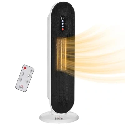 Image of HOMCOM Ceramic Space Heater, Indoor Tower Heater with 2 Heat, Oscillation, Remote Control, Timer, Tip Over &amp; Overheating Protection, 1200W/2000W, White