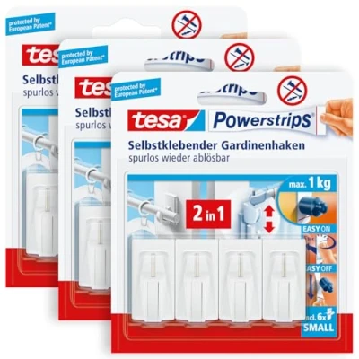 Image of tesa Powerstrips Curtain Hooks Self Adhesive Removable and Reusable Up to 1 kg Load 3 x 4 Pieces White