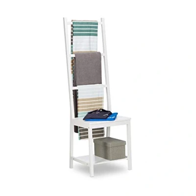 Image of Relaxdays Holder, Clothes Stand, Towel Rack, Valet Butler, Bathroom Chair, Bamboo, HxWxD: 133 x 40 42 cm, White, cm