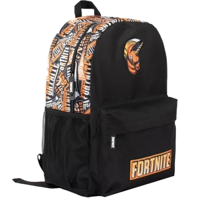 Image of Fortnite School Backpack for Boys Black Large A4 Multicompartment Rucksack Travel Bag with Mesh Pockets and Adjustable Padded Shoulder Straps &amp; Orange