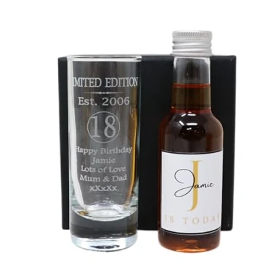 Image of Laser Engraved Est 2006 18th Birthday Shot Glass Set with Personalised Gold Initial Miniature Alcohol Bottle Gift For Son or Daughter Girls &amp; Boys (Amaretto/No Box) 28% vol