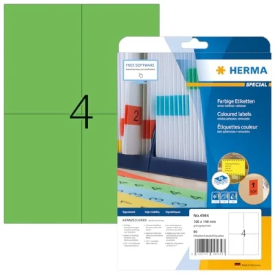 Image of HERMA Self Adhesive Coloured Labels, 4 Labels per A4 Sheet, 20 Sheets, 105 x 148 mm, 80 Blank Removable Colour Stickers, Sticky for Laser &amp; Inkjet Printer, Green