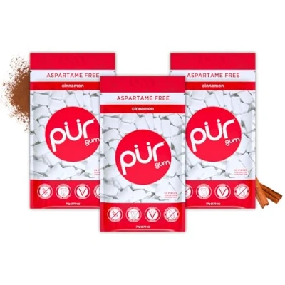 Image of PUR Gum Sugar Free Chewing Made with Xylitol Vegan, Aspartame Free, Gluten &amp; Keto Friendly Natural Cinnamon Flavoured Gum, 55 Pieces (Pack of 3)