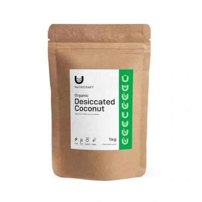 Image of NutriCraft Organic Desiccated Coconut 1kg, 100% Pure, Finely Grated, High Moisture Content, Flavourful for Baking, Snacking, and Savoury Dishes, Organic, Vegan friendly
