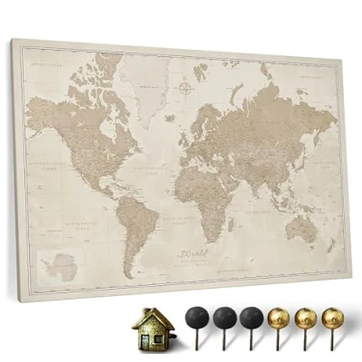 Image of CANVASCALE World Map Canvas with Cork Pin Board, Design 9, 70x50 cm