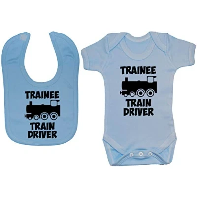 Image of Acce Products Trainee Train Driver Baby Bodysuit/Romper &amp; Feeding Bib 3 6 Months Blue