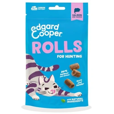 Image of Edgard Cooper natural cat treats, salmon &amp; chicken rolls (1 x 45g bag), grain free and packed with fresh meat, high protien, perfect for hunting, ingredients no added sugar
