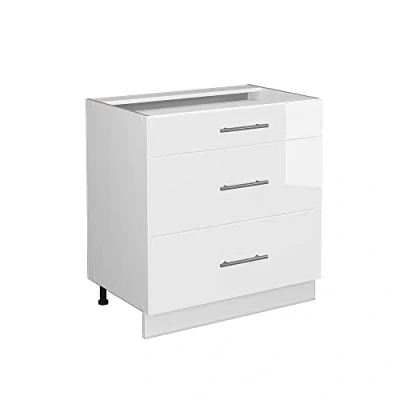 Image of Vicco Kitchen base cabinet Fame Line, White High Gloss/White, 80 cm with 3 drawers, without worktop