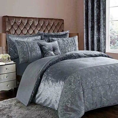 Image of Householdfurnishing Luxury Crushed Velvet 3 Pieces Duvet/Quilt Cover Set Bedding With Pillowcases (Grey, Super King)