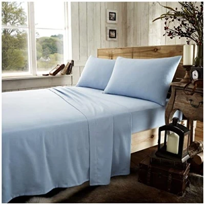 Image of Flannelette Fitted Sheet Single, Brushed Cotton Bed Sheets, Plain Dyed Bedding &amp; Linen, Blue