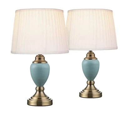 Image of Lighting Supermarket Pair of Malham Small Touch Control Table Lamps with Ivory Pleated Shades Blue &amp; Antique Brass