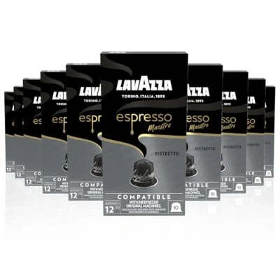 Image of Lavazza, Espresso Maestro Ristretto, 100 Aluminium Capsules Compatible with Nespresso Original Machines, Chocolate &amp; Caramel Notes, Arabica Robusta, Intensity 12/13, Dark Roasting, Zero CO2 Impact