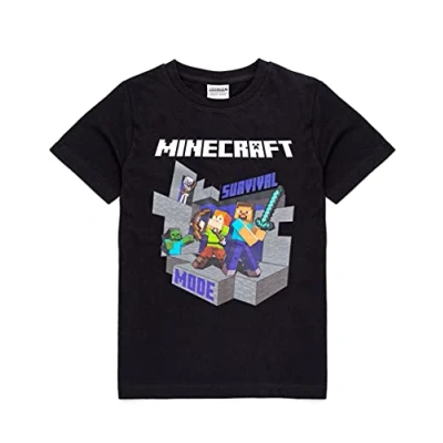 Image of Minecraft T Shirt Boys Kids Survival Mode Sword Short Sleeve Black Top Steve Alex Childrens Game Merchandise 11 12 Years