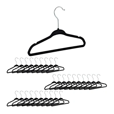Image of Relaxdays Velvet Coat Hangers Pack of 30, Non Slip Clothes Hangers, Boys &amp; Girls, Swivel Hook, Pants Rail, Black