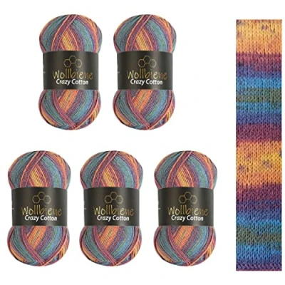 Image of 5 x 100 g Wollbiene Crazy Cotton Batik, 500 with Colour Gradient, 55% Cotton, Multicoloured Knitting Wool, Crochet All Year Wool (5040 Rainbow Pastel)