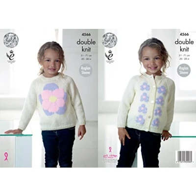 Image of King Cole 4566 Knitting Pattern Girls Raglan Sleeve Flower Sweater in Pricewise DK