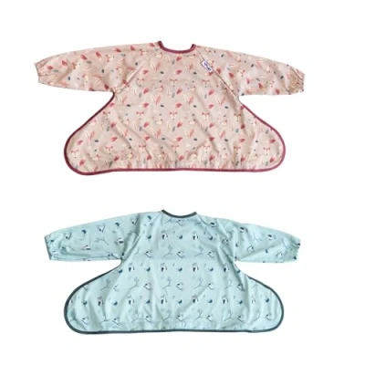 Image of Tidy Tot®™ Cover &amp; Catch™ 2 Pack Weaning Bib with Sleeves. Attach to Highchairs Suction for Mess Proof Baby Feeding. Waterproof Long Sleeved Bibs. Coverall BLW Travel Bags Included.