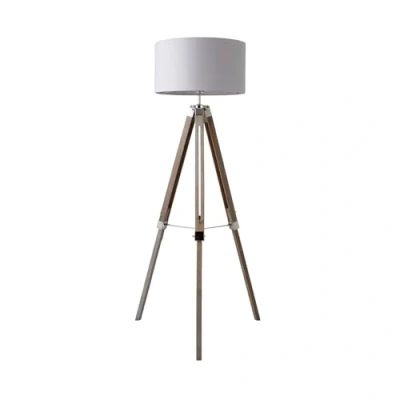 Image of MiniSun Modern Light Wood &amp; Chrome Tripod Floor Lamp with a Grey Drum Shade Complete 6w LED Bulb [3000K Warm White]