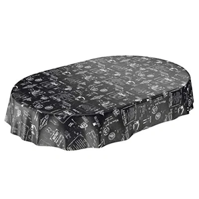 Image of Oil Cloth Round Tablecloth Waxed Washable Modern Retro Cafe, Wax Cloth, black, Oval 140 x 180cm