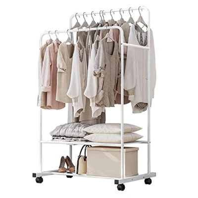 Image of unho Rolling Clothes Garment Rack Double Rail on Wheels Clothing Hanging Coat with Shelf for Store Bedroom Dressing Room White