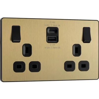 Image of BG Electrical Double Switched Power Wall Plug Socket with Fast Charge Type A and C USB Charging Ports, Evolve, Satin Brass, 13A, 22W, PCDSB22UAC22B