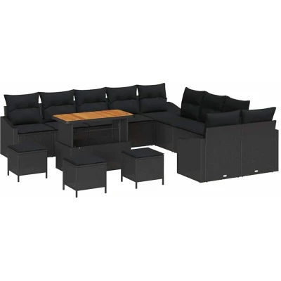 Image of vidaXL 14 Piece Garden Sofa Set with Cushions Black Poly Rattan Acacia