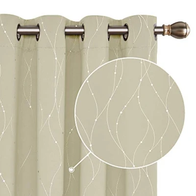 Image of Deconovo Home Decorative Blackout Curtains Noise Reduction Foil Dotted Line Printed Eyelet for Windows W55 x L95 Beige One Pair