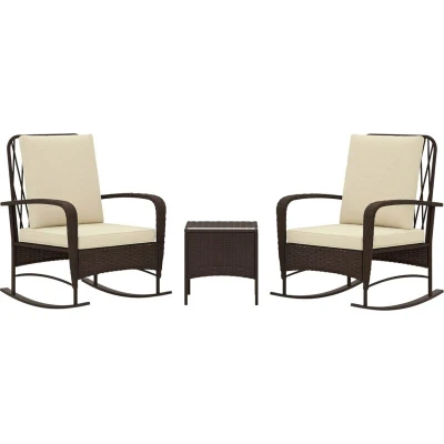Image of Outsunny 3 Pieces Rattan Bistro Set, Wicker Garden Furniture Set with Cushions, Glass Top Coffee Table and Rocking Chairs, Small Balcony for Outdoor, Porch, Brown