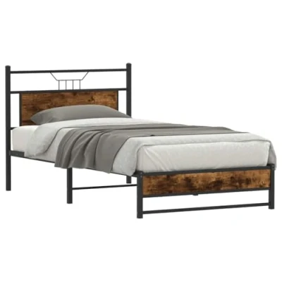 Image of vidaXL Bed Frame Smoked Oak, Engineered Wood/Steel, 107x203 cm Single, For Bedroom Headboard &amp; Storage Space
