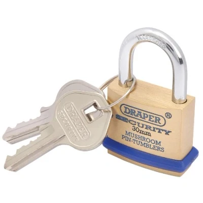 Image of Draper Solid Brass Padlock and 2 Keys with Mushroom Pin Tumblers Hardened Steel Shackle Bumper, 30mm