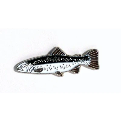 Image of Mainly Metal Pin Badge, White, Fired Enamel Angling Fish Trout, 25mm x 10mm